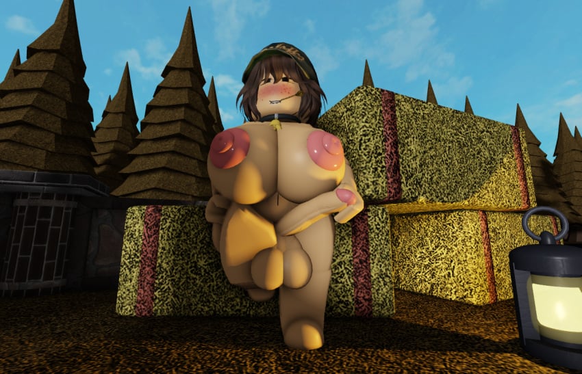 3d belly belly_button big_balls big_breasts brunnette cap cowgirl cutiehogg farmgirl female_focus futa_only futanari huge_breasts huge_cock huge_thighs pov roblox roblox_avatar roblox_game