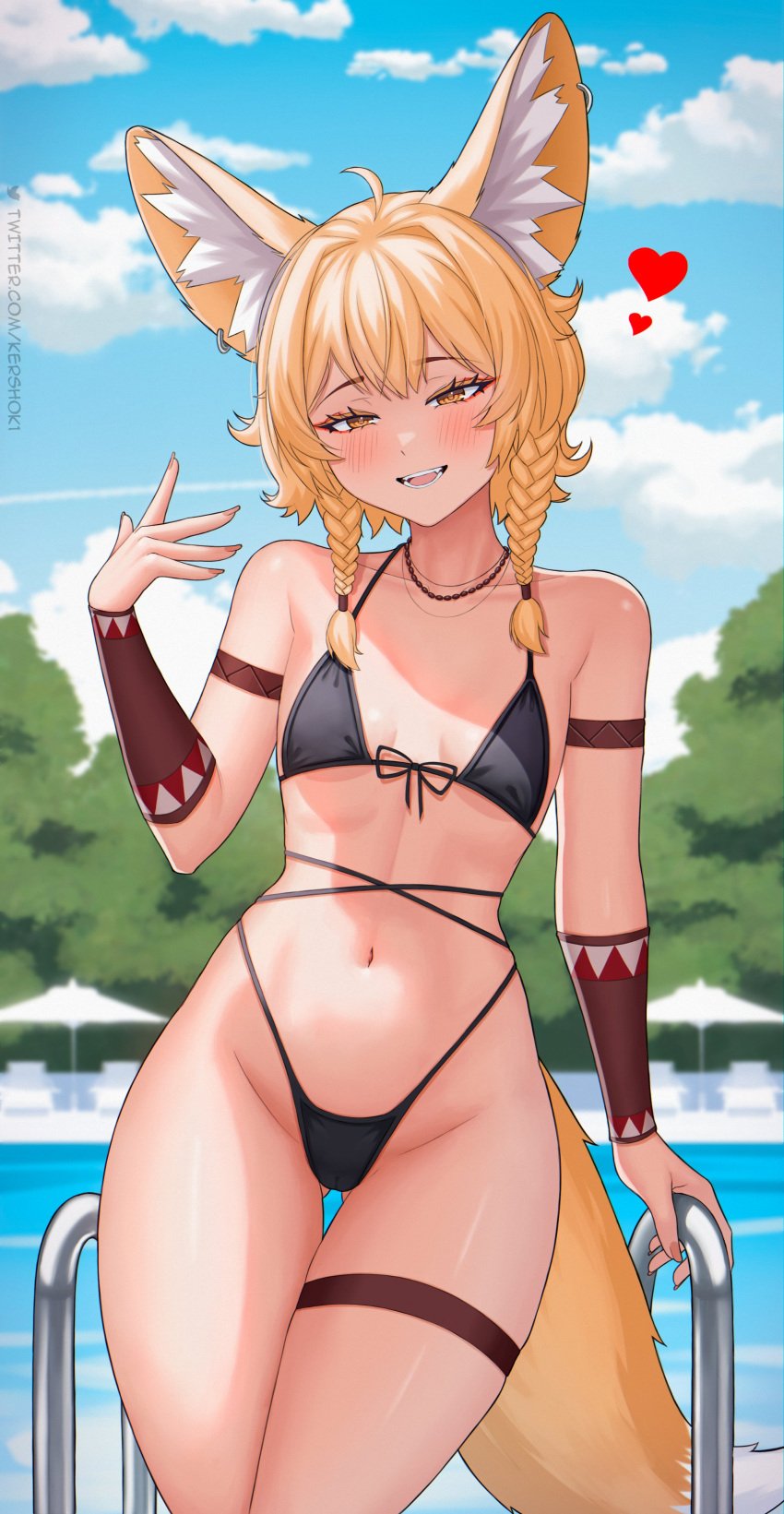 bikini blonde_hair braids brown_eyes clothed female female_only flat_chest fully_clothed kershok khiara_(personalami) petite pool revealing_clothes short_hair skimpy_clothes swimsuit swimwear tagme