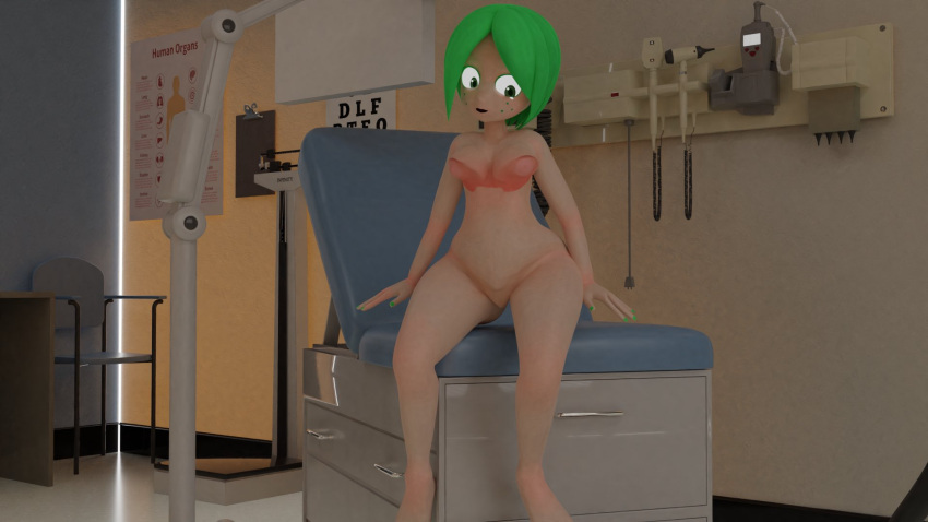 2021 3d 3d_(artwork) blender breast_expansion freckles fuku_(squidly) green_eyes green_hair nude_female sitting_on_chair small_breasts squidly tube