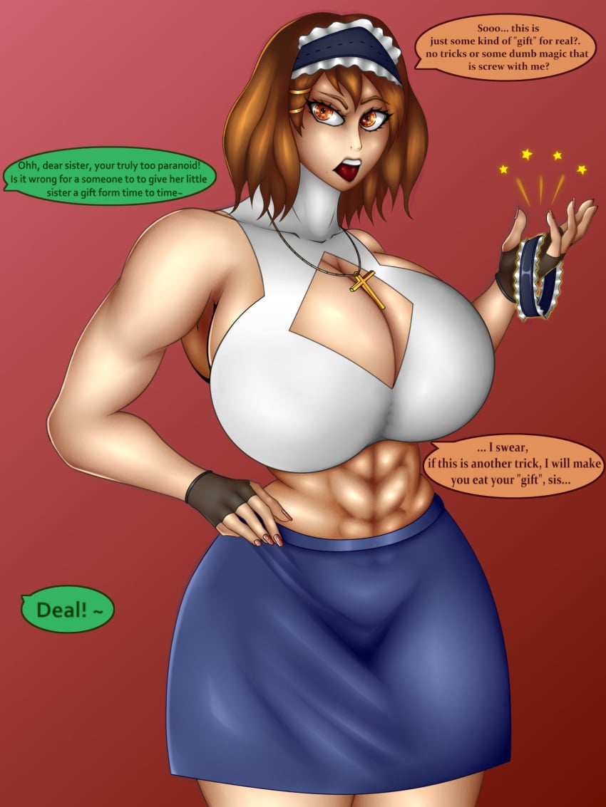 abs adekvatx before_and_after bimbofication breasts choker cleavage cleavage_cutout huge_breasts long_hair muscle_girl pre-transformation text