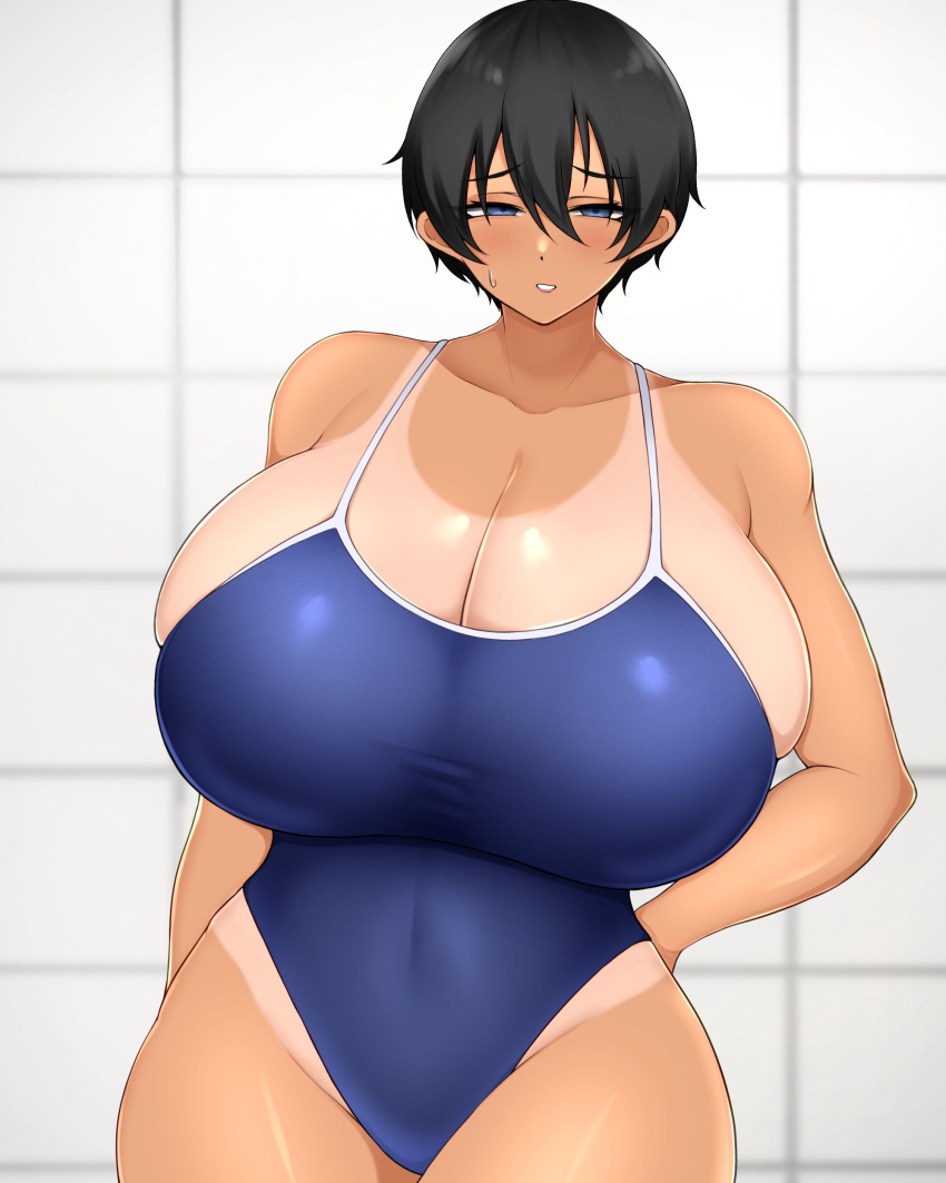 black_hair blue_eyes female huge_breasts school_swimsuit short_hair solo tan-skinned_female tanline tokitamago