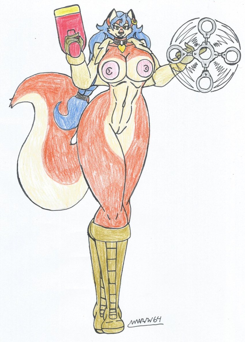 beige_fur big_breasts big_hips blue_hair braided_hair carmelita_fox ear_ring fox_girl fox_humanoid furry gold_eyes gun handcuffs laser_gun looking_at_viewer marlon64 naked_boots naked_collar naked_female naked_gloves naked_jacket orange_fur policewoman sly_cooper_(series) smiling_at_viewer traditional_drawing_(artwork) walked_in_on walking white_background