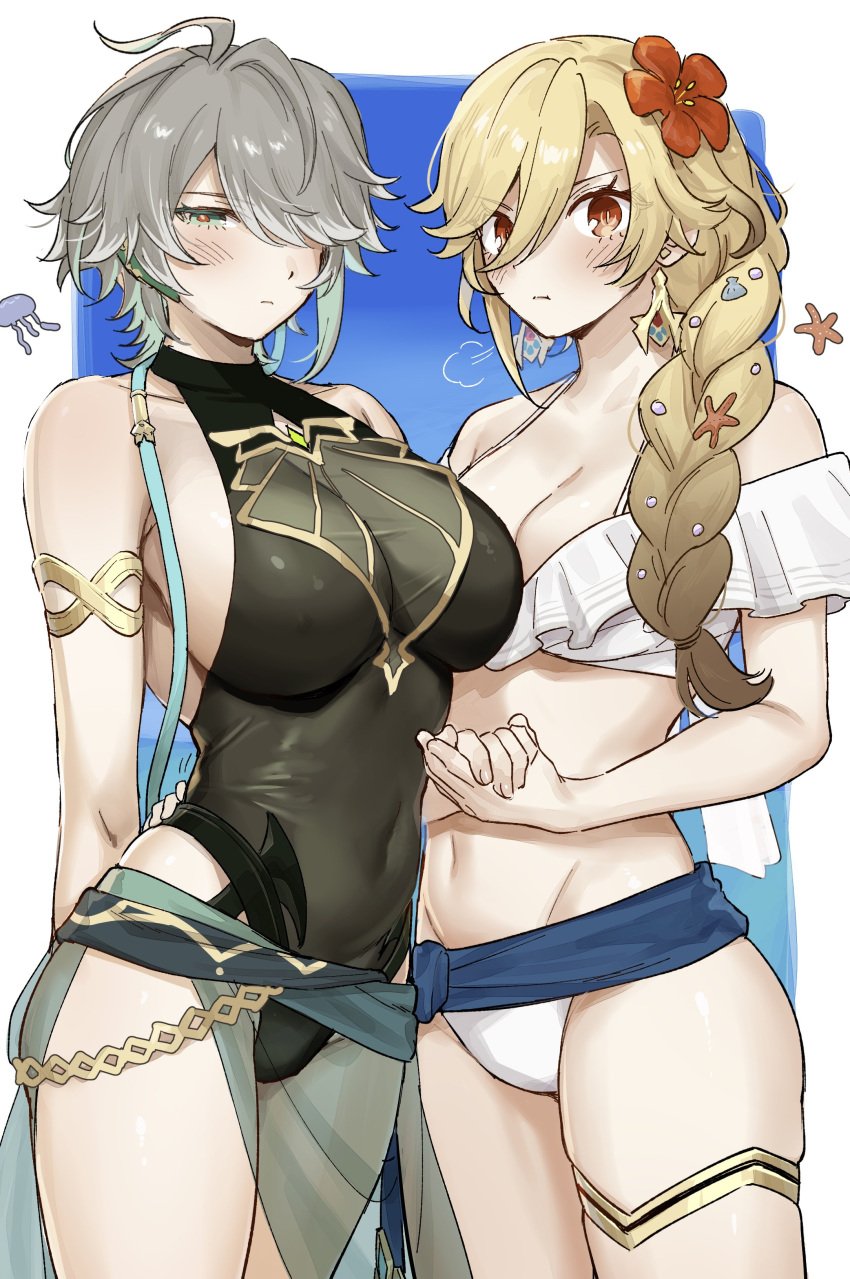 2girls absurdres ahoge alhaitham_(genshin_impact) aqua_eyes aqua_hair bikini blonde_hair blush braid breasts cleavage_cutout closed_mouth clothing_cutout earrings flower genderswap_(mtf) genshin_impact grey_hair hachiten hair_between_eyes hair_flower hair_ornament hair_over_one_eye highres jewelry kaveh_(genshin_impact) large_breasts long_hair meme mother_daughter_boob_envy_(meme) multicolored_hair multiple_girls navel off-shoulder_bikini off_shoulder orange_flower red_eyes rule_63 short_hair stomach swimsuit white_bikini