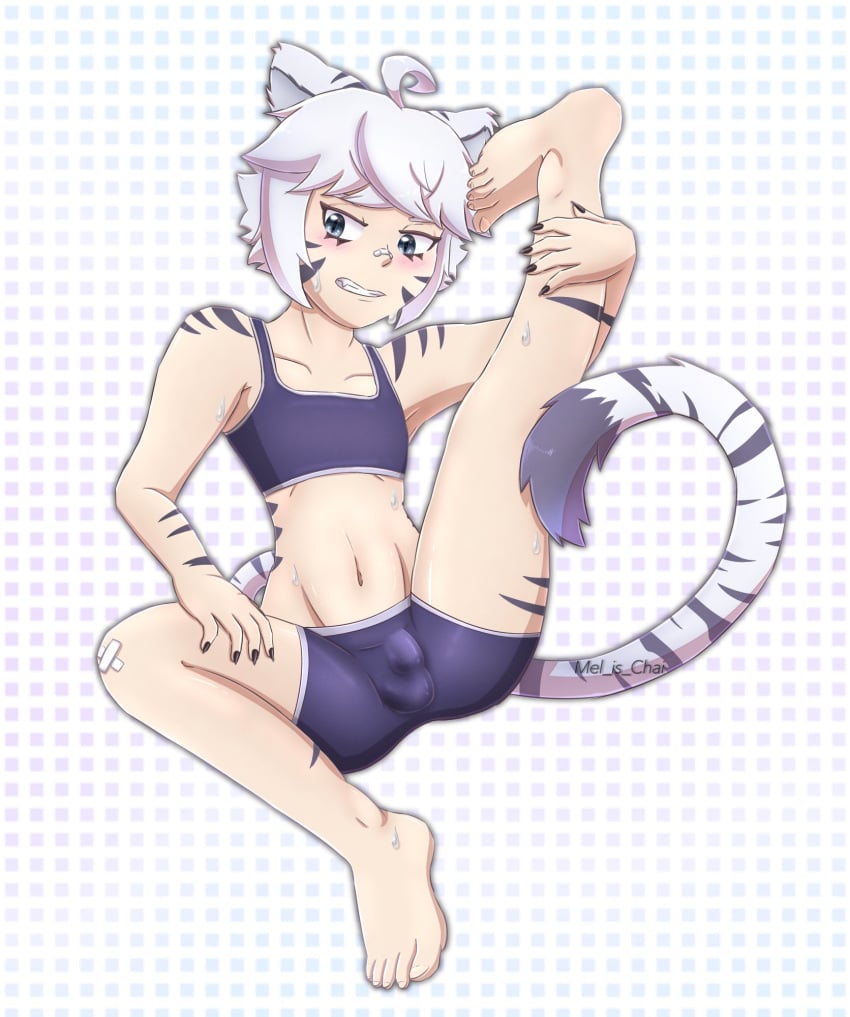 big_head blue_eyes blush bulge feet feet_up indie_virtual_youtuber mel_is_chair painted_nails skinny solo spats sports_bra stretching sweat taigaxholic tiger tiger_boy tiger_ears tiger_tail virtual_youtuber white_hair young