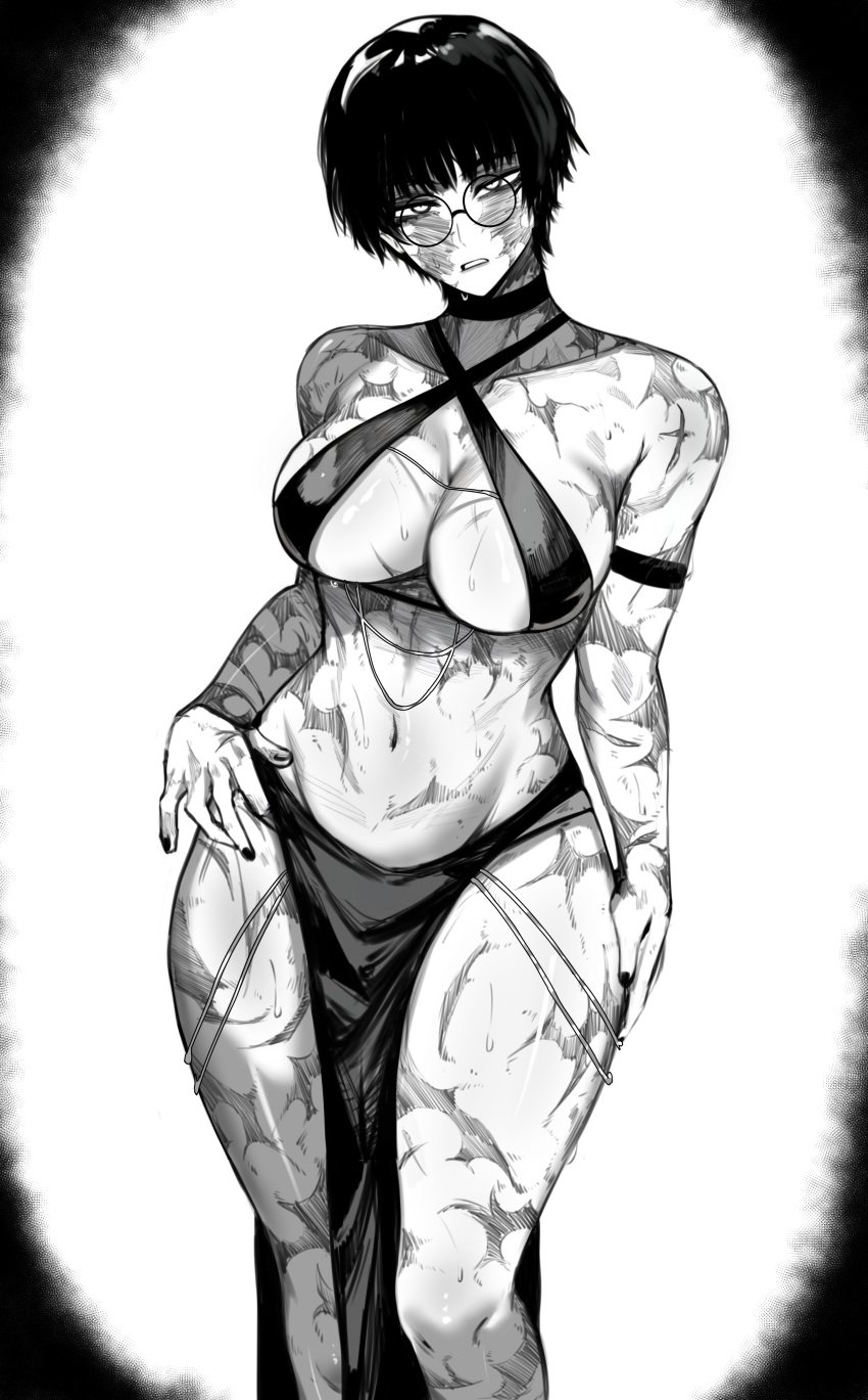 black_nails breasts burn_scar glasses jujutsu_kaisen lingerie masoq095 monochrome nail_polish scars shonen_jump very_short_hair yomorio_lingerie zenin_maki