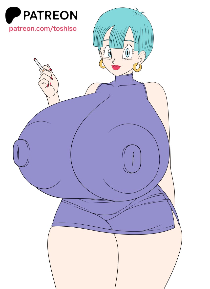 1girls artist_name blue_eyes blue_hair bulma_briefs cigarette dragon_ball dragon_ball_z erect_nipples female female_focus female_only huge_breasts nipple_bulge panties patreon patreon_username short_hair shounen_jump tagme tight_dress toshiso wip work_in_progress