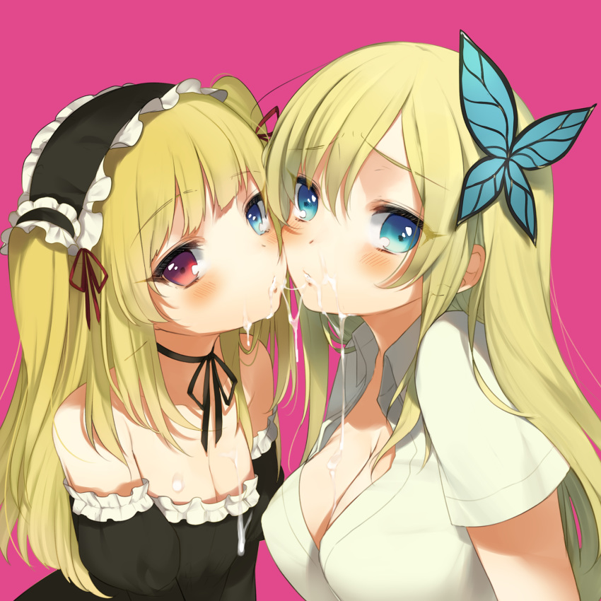 age_difference bare_shoulders blonde_hair blue_eyes blush boku_wa_tomodachi_ga_sukunai breasts butterfly_hair_ornament cleavage color cum cum_string cumdrip facial female gothic_lolita hair_ornament hairband hasegawa_kobato heterochromia highres human kippu large_breasts lolita_fashion lolita_hairband lolita_headband long_hair multiple_girls pink_background red_eyes ribbon_choker sena_kashiwazaki simple_background tied_hair twintails two_side_up