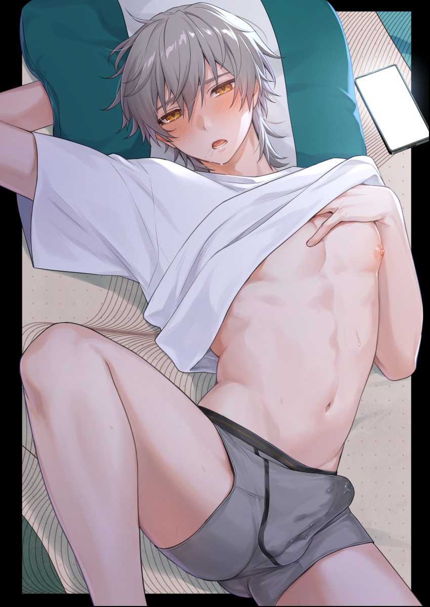 1boy abs absurdres bulge caelus_(honkai:_star_rail) cellphone clothes_lift grey_hair grey_male_underwear hachiten hair_between_eyes highres honkai:_star_rail honkai_(series) looking_at_viewer lying male_focus male_only male_underwear muscular muscular_male navel nipples open_mouth phone pillow shirt shirt_lift smartphone solo solo_male spread_legs stomach underwear white_shirt yellow_eyes