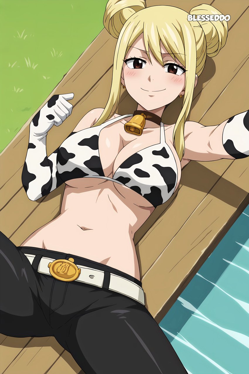 1girls ai_generated blesseddo blush breasts cleavage cow_bell cow_bikini cow_gloves fairy_tail female female_only gloves hair_buns legs_apart looking_at_viewer lucy_heartfilia short_hair solo