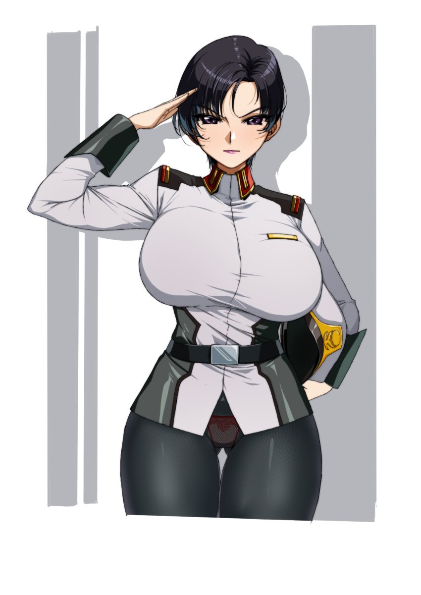 1girls ass_visible_through_thighs big_breasts black_eyes black_hair busty clothed clothing female female_focus female_only fully_clothed gundam gundam_seed gundam_seed_destiny hand_on_hip hi_res high_resolution highres hips hourglass_figure huge_breasts large_breasts light-skinned_female light_skin lips lipstick looking_at_viewer makeup mature mature_female milf mobile_suit_gundam natarle_badgiruel oppai pale-skinned_female pale_skin panties pink_lips pink_lipstick pinup pose posing rantia salute short_hair soldier solo solo_female solo_focus standing tight_clothing tight_pants tomboy underwear uniform very_high_resolution voluptuous voluptuous_female wide_hips