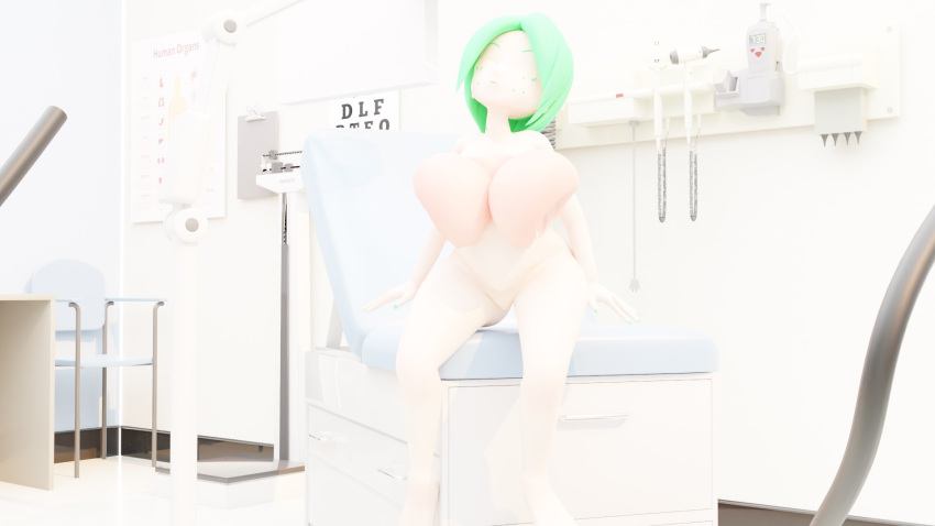 2021 3d 3d_(artwork) blender breast_expansion explosion freckles fuku_(squidly) green_eyes green_hair nude_female popping sitting_on_chair squidly tube