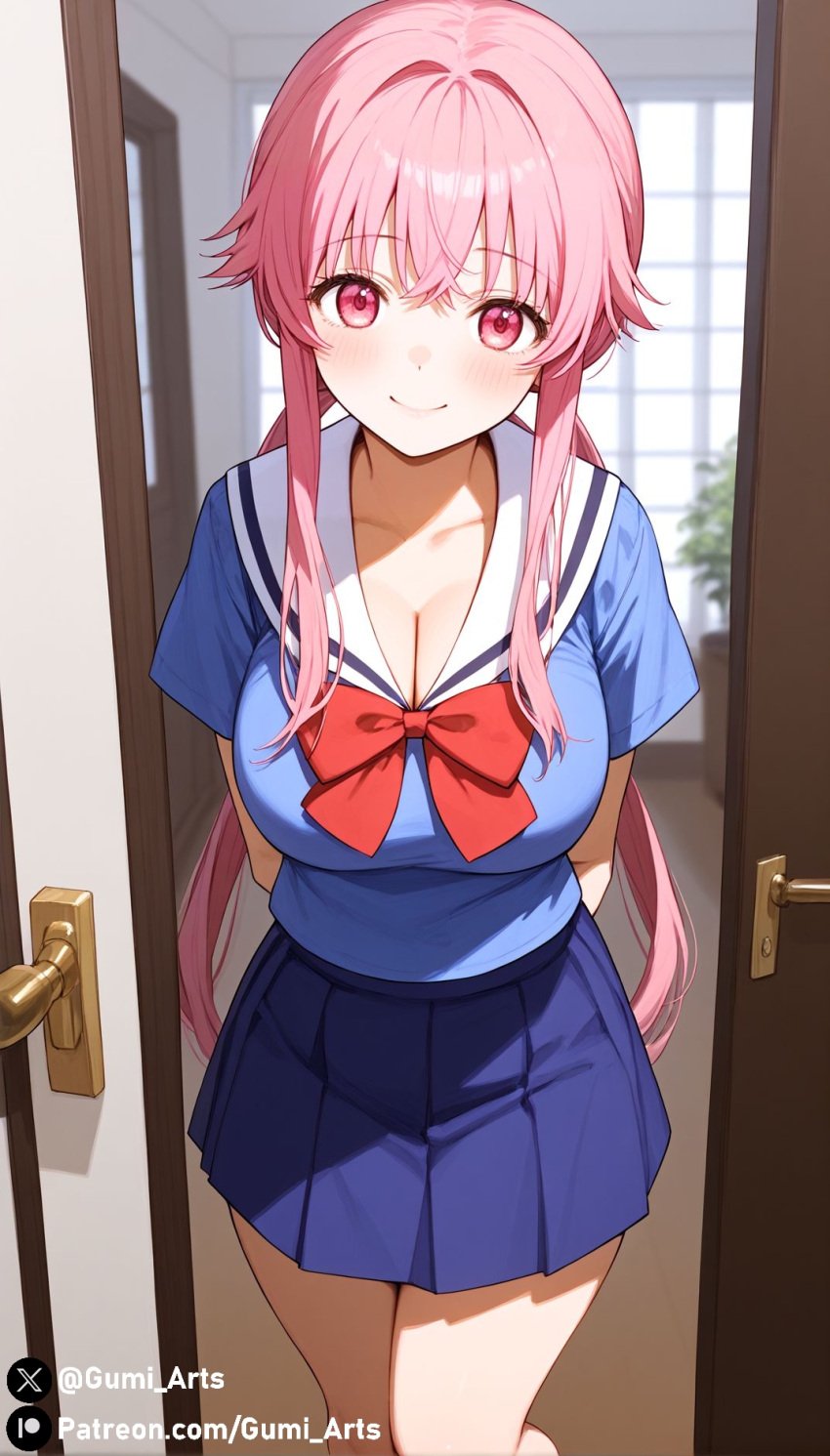 ai_generated cleavage doorway gasai_yuno gumi_arts indoors large_breasts looking_at_viewer mirai_nikki pink_eyes pink_hair school_uniform shirt skirt smile stable_diffusion thighs