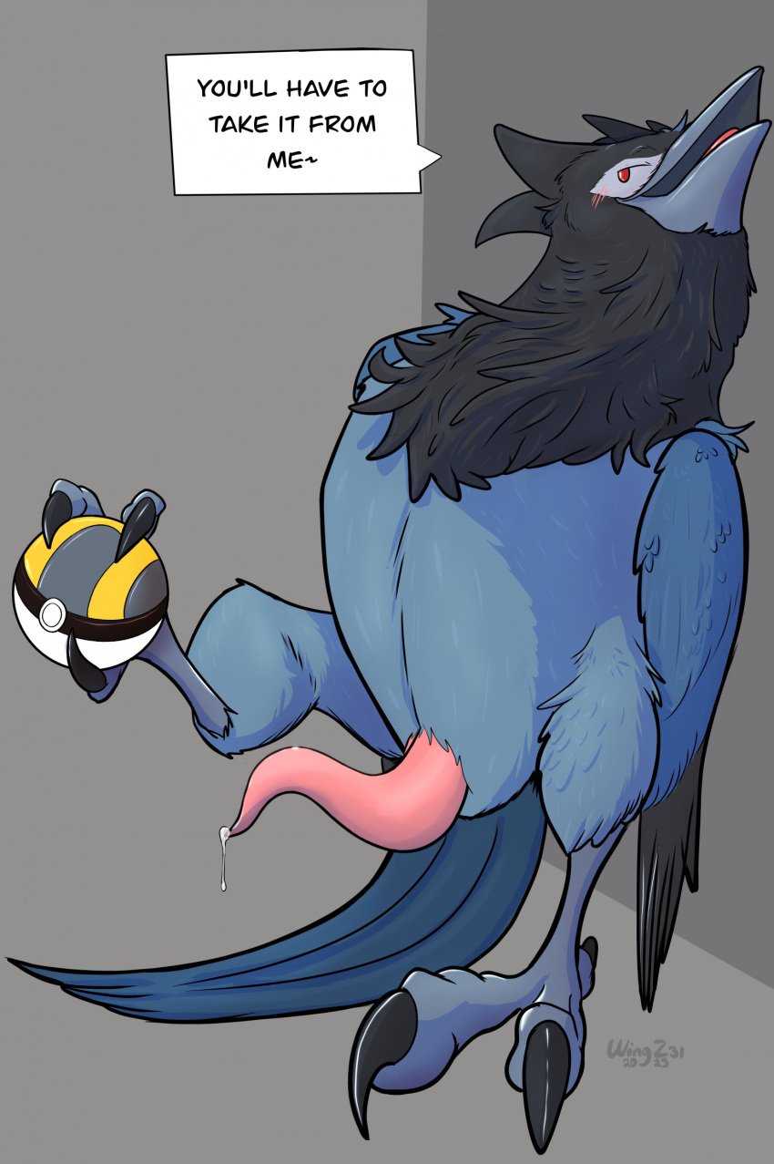 avian avian_feet beckoning bird blush blush_lines corvid corvisquire feathers feet feral generation_8_pokemon genitals gesture hi_res male nintendo oscine passerine penis pokeball pokemon pokemon_(species) solo speech_bubble tail tail_feathers talons tapering_penis toes wingz31