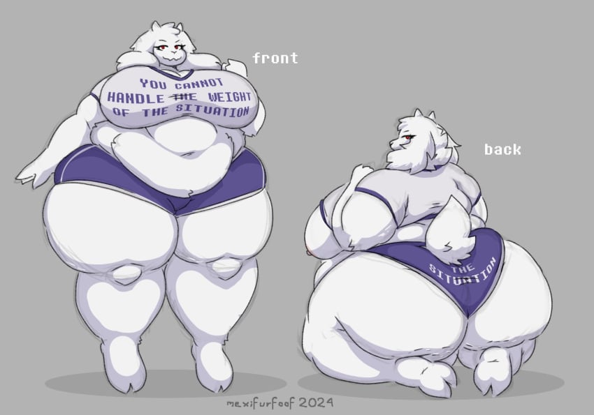 anthro 
boss_monster_(undertale) 
digital_drawing_(artwork) 
meme_attire belly big_breasts biped bovid breasts butt caprine cellulite clothed clothing curvy_figure digital_media_(artwork) english_text female fur goat horn looking_at_viewer mammal mature_female meme mexifurfoof navel nipples overweight overweight_female red_eyes simple_background smile solo tail text the_weight_of_the_situation_(meme) thick_thighs undertale undertale_(series)
toriel voluptuous white_body white_fur wide_hips