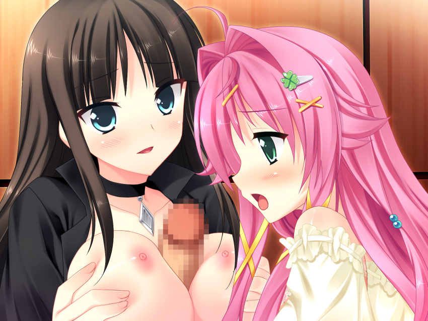 awashima_akane black_hair blush breasts censored female game_cg male mecha-con! narusawa_sora nipples paizuri penis pink_hair sakurajima_moe straight