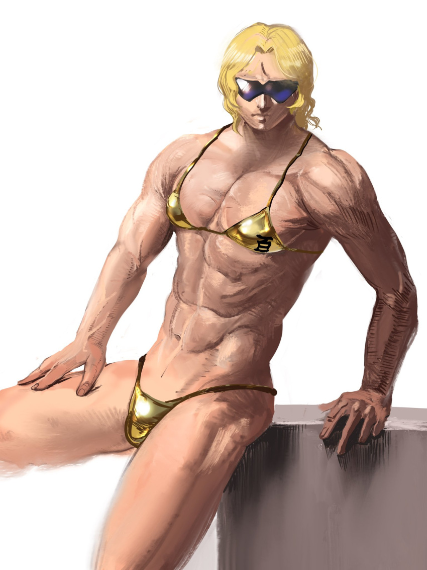 abs bikini bikini_bottom bikini_top blonde_hair char_aznable glasses glico glico_(artist) gold_bikini gundam male male_only muscular muscular_male pecs posing posing_for_the_viewer quattro_bajeena quattro_vageena romantic_hatoba solo_focus solo_male zeta_gundam