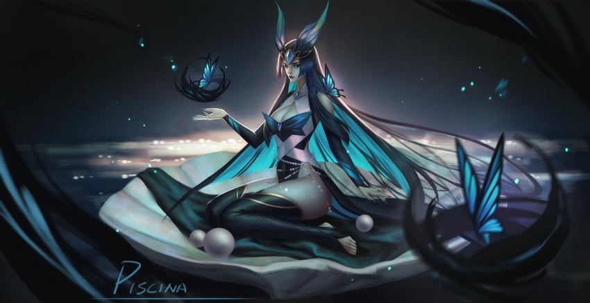 2d breasts butterfly cyan_eyes cyan_hair faerie_court_series faerie_court_syndra feet female league_of_legends long_hair piscina_(artist) stirrup_legwear syndra