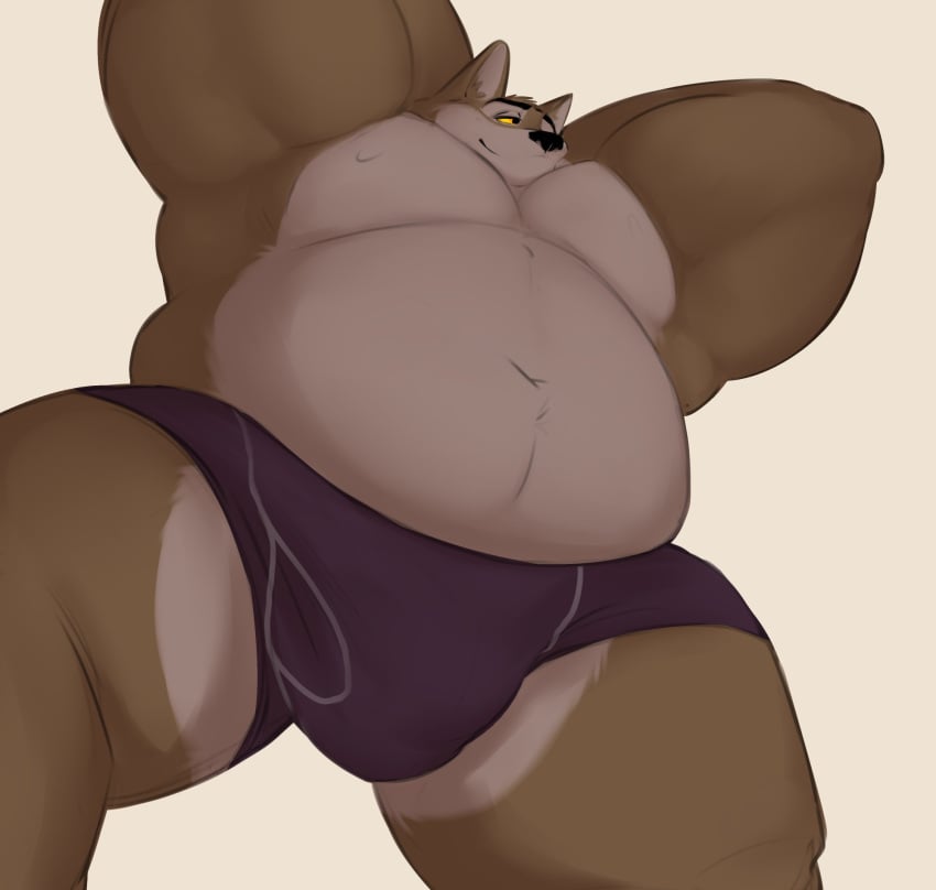 2023 anthro belly big_belly big_bulge biped black_nose bulge canid canine canis clothed clothing digital_drawing_(artwork) digital_media_(artwork) hi_res looking_away low-angle_view male mammal moobs mosin navel obese obese_anthro obese_male overweight overweight_anthro overweight_male purple_clothing purple_underwear simple_background solo standing thick_thighs underwear underwear_only wolf yellow_eyes