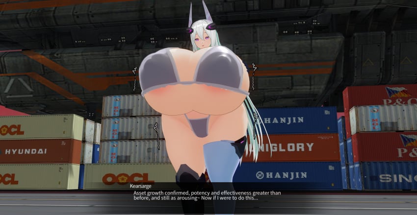 1girls areola_slip ass_expansion azur_lane bikini breast_expansion com3d2 custom_maid_3d_2 dialogue dialogue_box felipehessi hand_on_breast happy hourglass_figure hyper hyper_breasts kearsarge_(azur_lane) looking_at_viewer motion_lines nipple_bulge solo solo_female tagme thick_thighs thigh_expansion white_hair