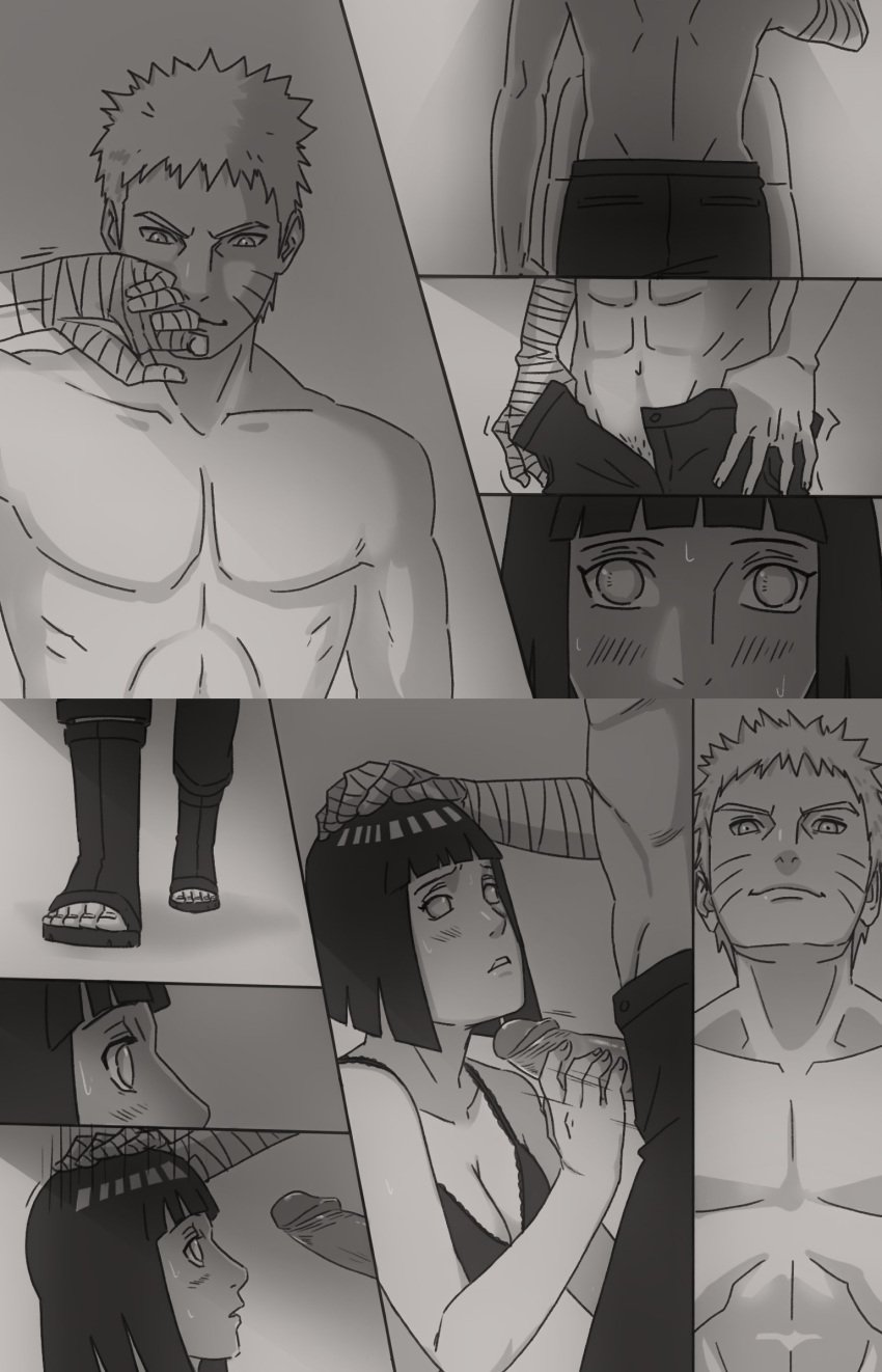 1boy 1girls abs accurate_art_style big_breasts blush bob_cut boruto:_naruto_next_generations breasts canon_couple cleavage couple embarrassed female greyscale handjob highres holding_penis husband_and_wife hyuuga_hinata imminent_fellatio imminent_oral kneeling long_hair male male/female milf monochrome nanxdaime naruto naruto_(series) pants penis penis_grab presenting presenting_penis shirtless shirtless_male short_hair shoulder_length_hair shy standing straight tekoki uncensored undressing undressing_self uzumaki_naruto wariza