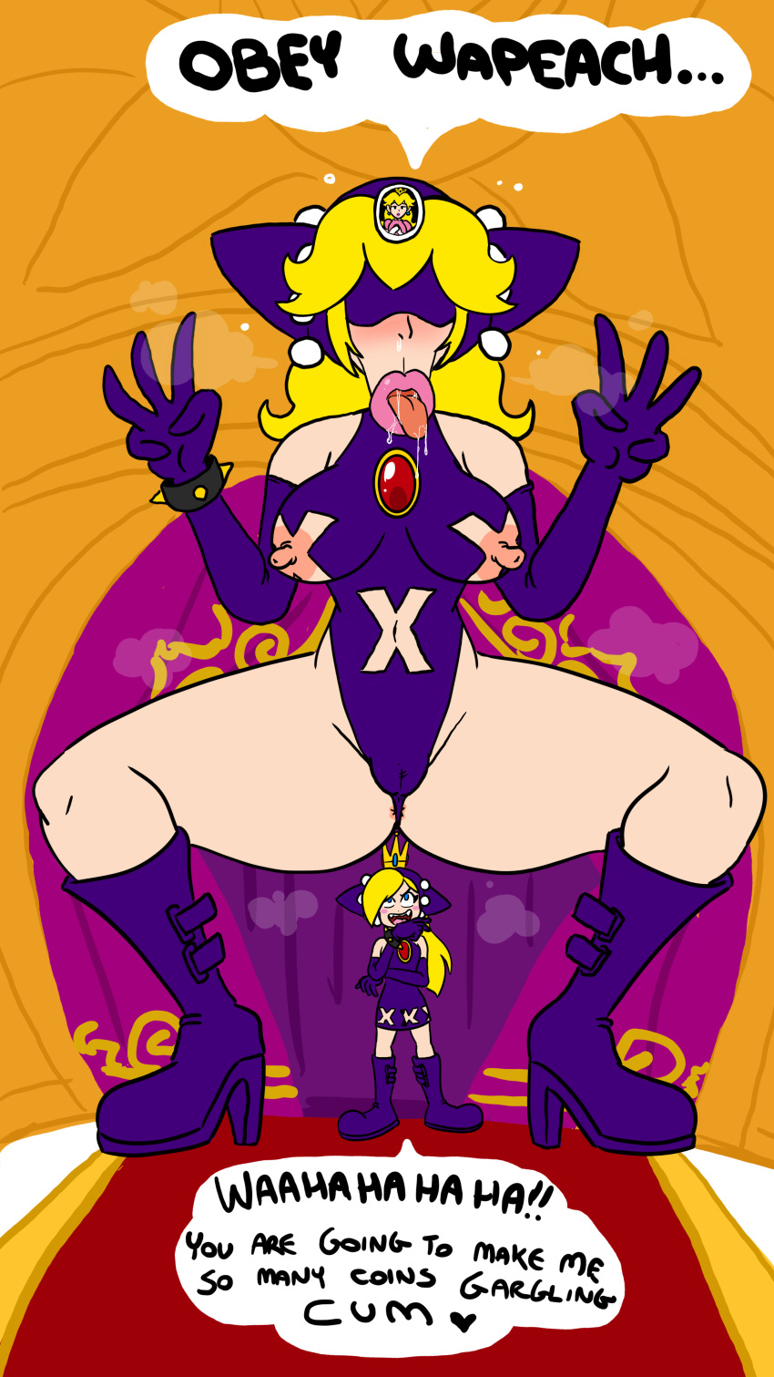 :>= brainwashing fellatian female high_heel_boots high_heels hyliaanan hypnosis mario_(series) mario_tennis mind_control post_transformation princess_peach thick_thighs transformation wapeach wide_hips