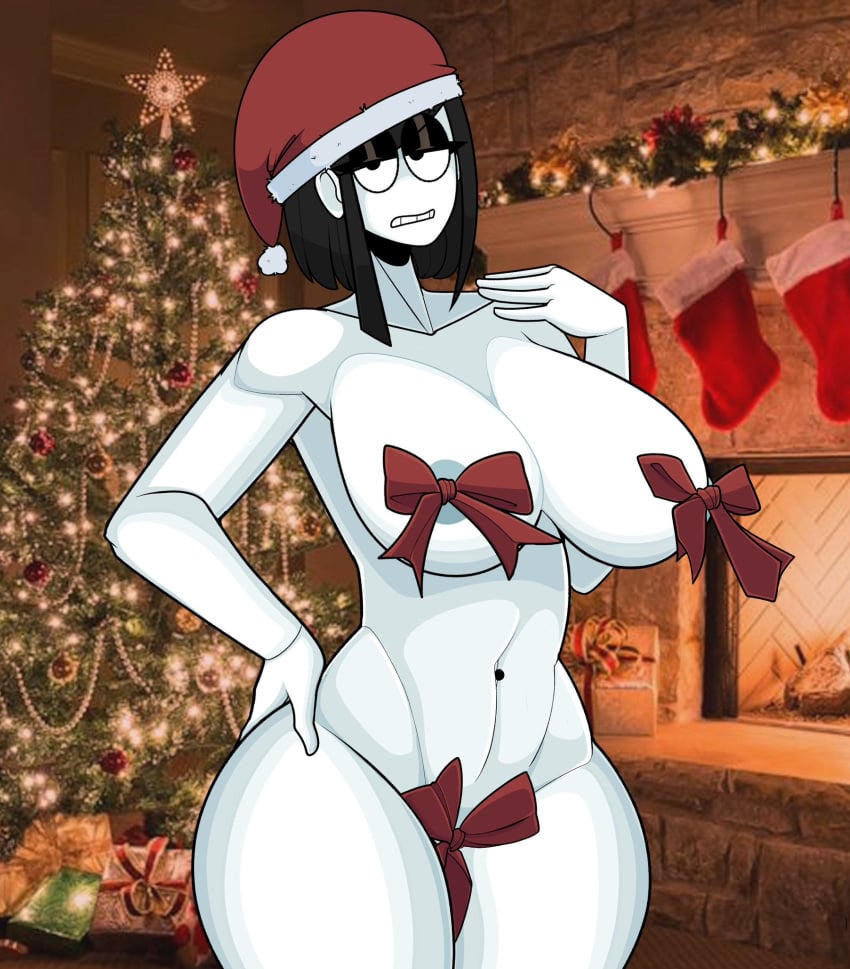 annoyed areola_slip areolae big_breasts black_hair breasts censored censored_nipples censored_pussy christmas christmas_present christmas_present_clothes christmas_tree dating_sim gifting_self goth goth_girl huge_breasts inviting inviting_to_sex inviting_viewer nude nude_female pov ribbon ribbons saltynoodles santa_hat talking_to_viewer thick thick_thighs thighs undressed veronica_(saltynoodles) white_skin