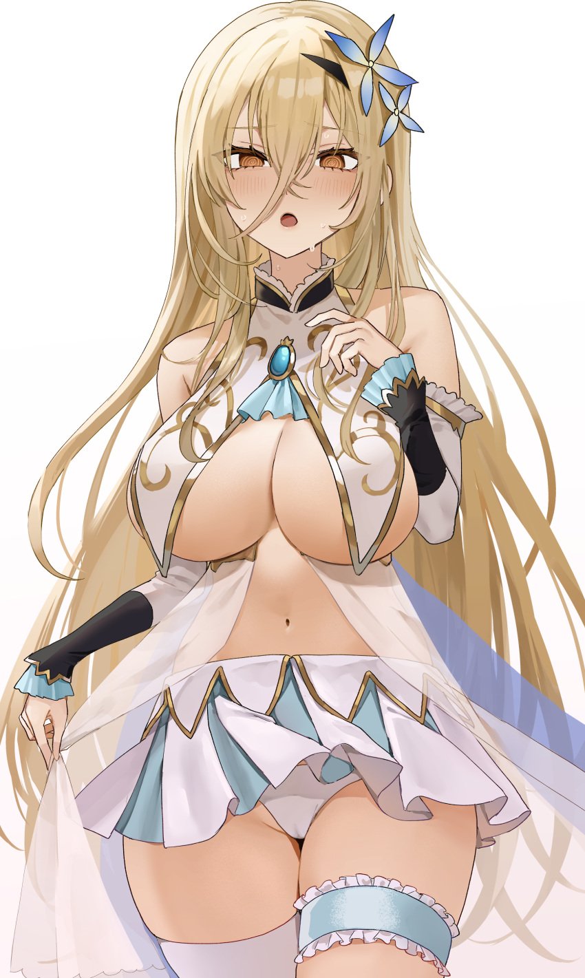 absurdres azur_lane blonde_hair breast_curtains breasts cameltoe centaur_(azur_lane) centaur_(azur_lane)_(cosplay) cleavage commission cosplay cowboy_shot female hair_between_eyes hair_ornament highres implacable_(azur_lane) large_breasts long_hair looking_at_viewer miniskirt omaru_(0marufestival) panties pixiv_commission pleated_skirt simple_background skirt thigh_strap underboob underwear white_background white_panties