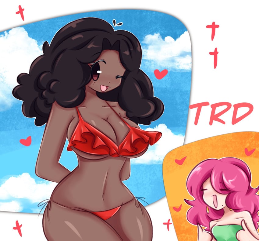 2females 2girls :d bikini bikini_bottom bikini_top breasts dark-skinned_female dark_skin multiple_girls tagme tagme_(character) trd-yo