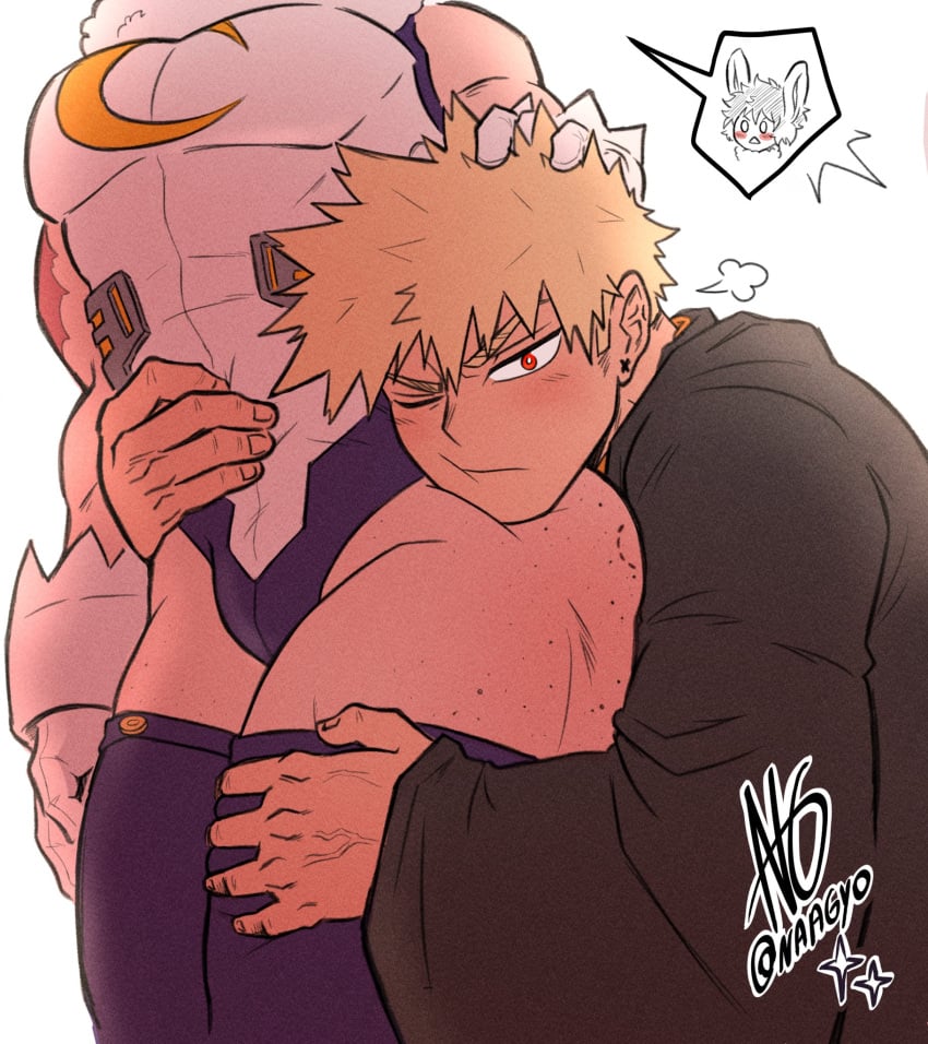 2boys bakugou_katsuki blonde_hair cosplay crossdressing freckles hugging izuku_midoriya katsuki_bakugou leotard male male/male male_only manly_crossdresser midoriya_izuku miruko_(cosplay) muscular muscular_male my_hero_academia naagyoo red_eyes spiky_hair thick thick_ass thick_thighs thighhighs yaoi