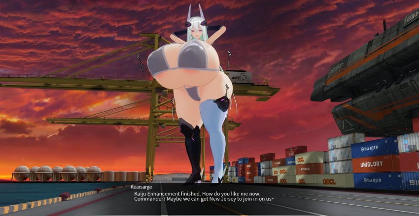 1girls areola_slip ass_expansion azur_lane bikini breast_expansion com3d2 custom_maid_3d_2 dialogue dialogue_box felipehessi happy hourglass_expansion hourglass_figure hyper hyper_breasts kearsarge_(azur_lane) looking_at_viewer mini_giantess motion_lines nipple_bulge size_growth solo solo_female tagme thick_thighs thigh_expansion white_hair