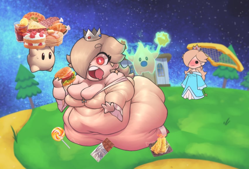 1girls ass blonde_hair blush breasts burger cake cleavage cleavage_overflow dress drink drooling eating fat female female_focus female_only flustered food hungry_luma large_ass large_breasts luma mario_(series) nintendo obese overweight overweight_female pancake plumpcognito princess_rosalina spirit steak super_mario_galaxy super_smash_bros. super_smash_bros._ultimate tea thick_thighs thighs wand weight_gain