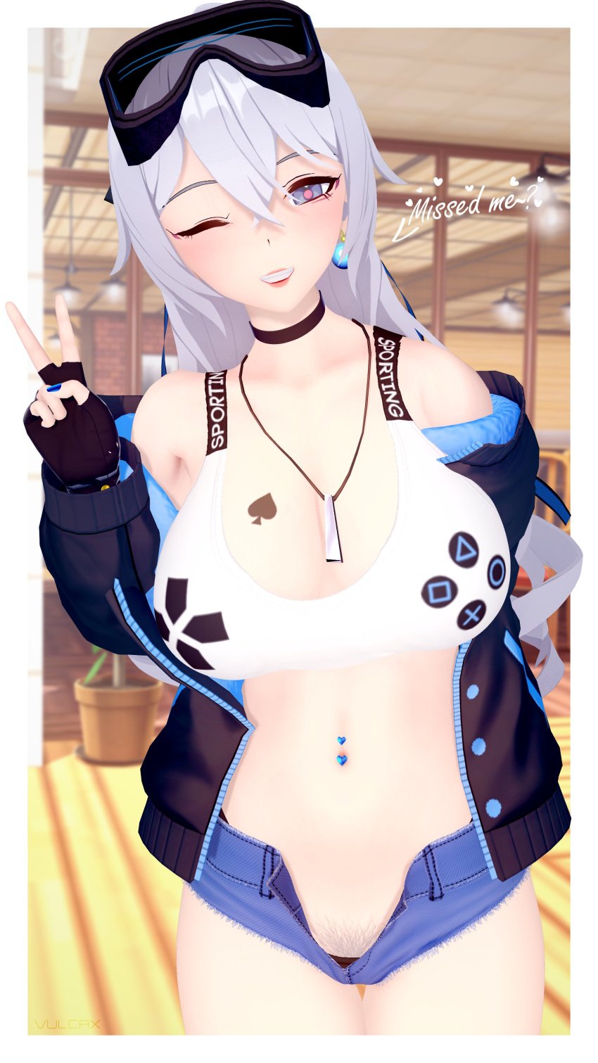 1girls bronya_zaychik bronya_zaychik_(silverwing:_n-ex) choker denim_shorts earring female female_focus female_only gamepad honkai_(series) honkai_impact_3rd huge_breasts jacket jacket_open light-skinned_female light_skin long_hair micro_shorts pierced_belly_button piercing qos queen_of_spades silver_eyes silver_hair smile smiling spade_tattoo tagme tight_clothes tight_clothing tight_topwear v_sign vulcax