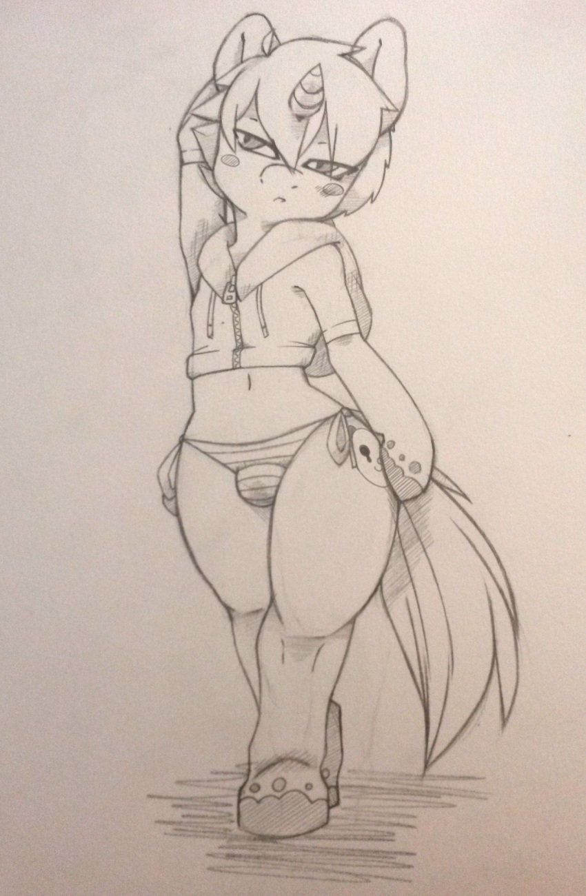 1boy 2016 bikini_bottom bulge crop_hoodie crop_top crop_top_hoodie cutie_mark femboy girly male male_only midriff my_little_pony navel penis_in_bikini short_hair sketch tail thigh-high-pony thigh_high_(thigh-high-pony) unicorn unicorn_horn