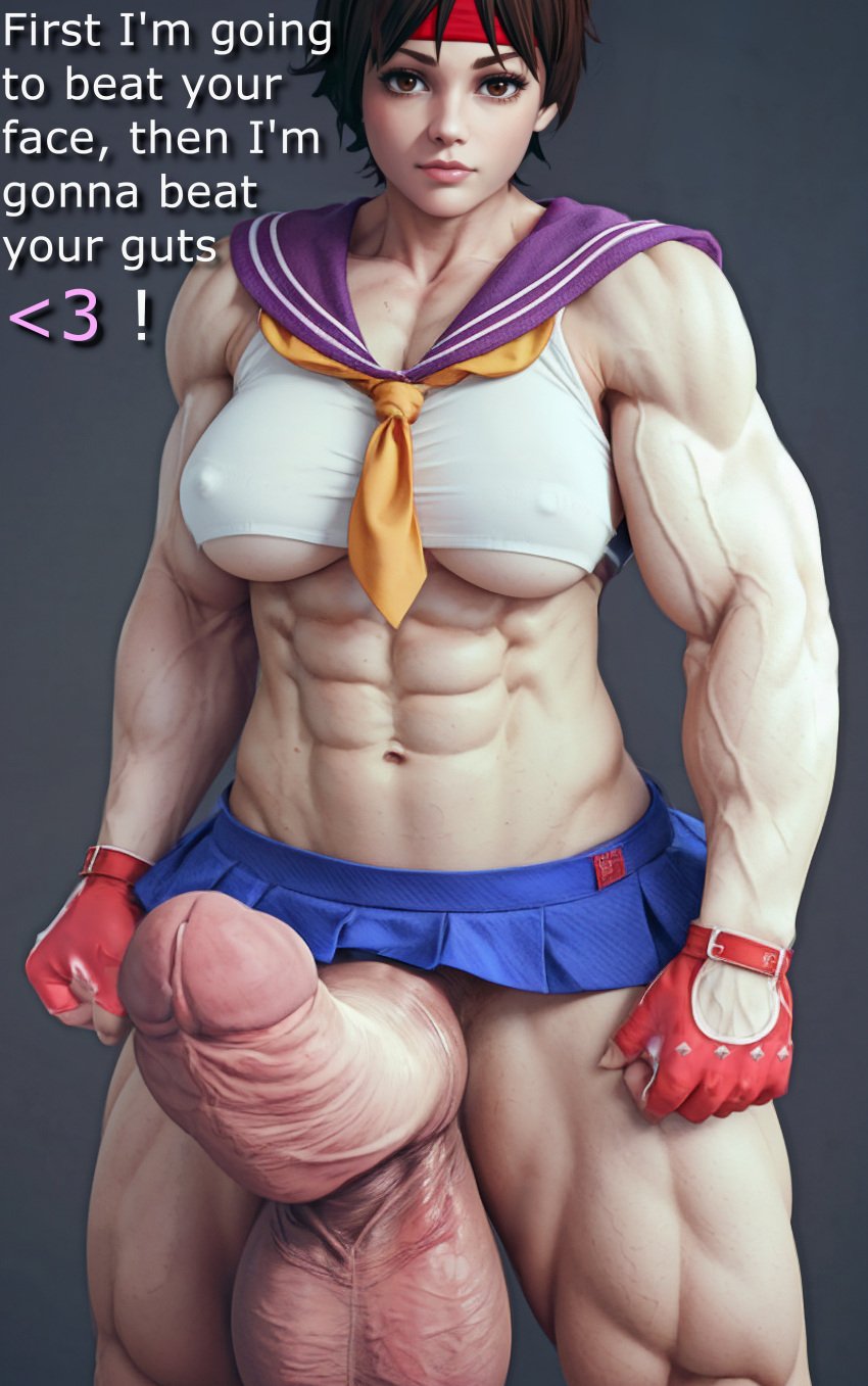 3d abs ai_generated erection futa_only futanari hdregrets headband huge_balls huge_cock miniskirt muscular muscular_futanari muscular_thighs penis sailor_collar sakura_kasugano school_uniform schoolgirl solo_futa street_fighter talking_to_viewer text