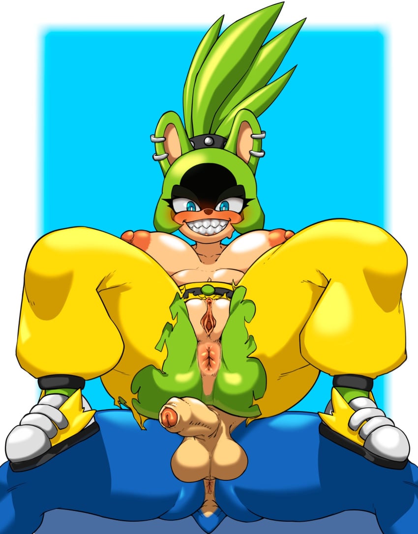 1boy 1girls 2023 accessory anthro anthro_on_anthro anus ass average_sized_penis big_breasts blue_background blue_body blue_eyes blue_fur blue_skin blush breasts brown_nose bubble_ass bubble_butt clothed clothed_sex clothing enemies_having_sex eyelashes facial_markings green_body green_fur green_hair green_skin idw_comics idw_publishing male/female megahand6 nipples pants penis piercing ponytail pussy sega sharp_teeth shoes simple_background sitting_on_penis sitting_on_person smile sonic_(series) sonic_the_hedgehog sonic_the_hedgehog_(comics) sonic_the_hedgehog_(idw) sonic_the_hedgehog_(series) surge_the_tenrec tenrec thick_thighs thighs torn_clothes torn_clothing torn_pants two_tone_body two_tone_fur vagina