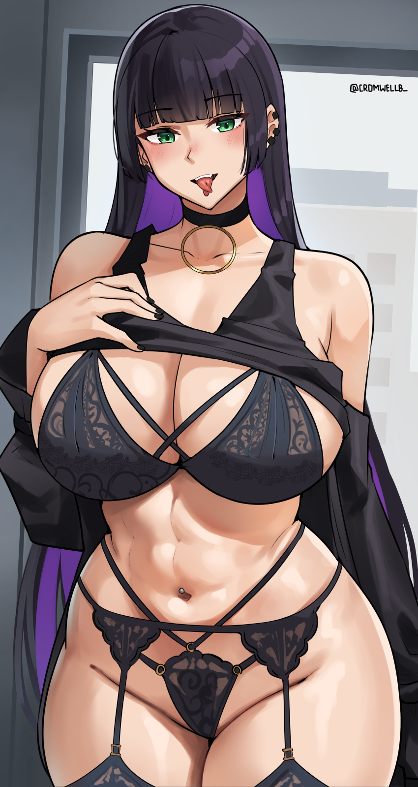 1girls abs absurd_res bocchi_the_rock! bra breasts cromwellb female female_focus female_only forked_tongue green_eyes hi_res huge_breasts large_breasts light-skinned_female light_skin lingerie long_hair naughty_face navel_piercing pa-san panties purple_hair solo solo_female solo_focus split_tongue thick_thighs tongue_piercing wide_hips