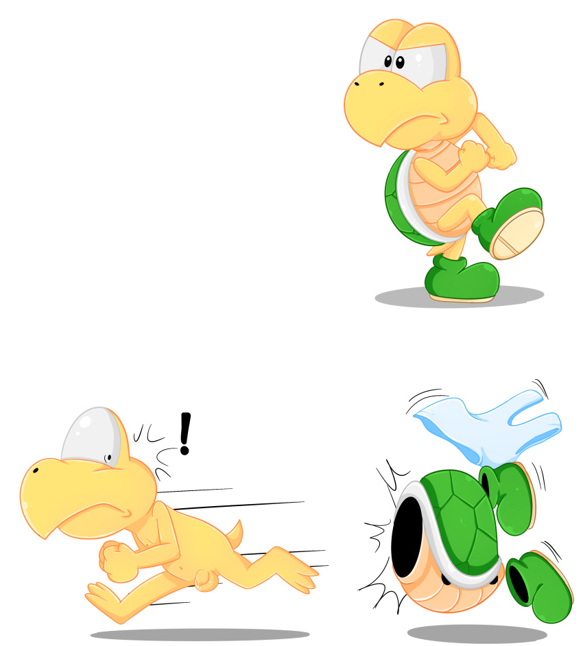 absurd_res accidental_exposure albinoturtle anthro balls barefoot cartoon_physics clothing feet flaccid footwear foreskin genitals green_koopa_troopa hi_res koopa koopa_shell koopa_troopa looking_back male mario_(series) navel nintendo nude penis running scalie shell shell-less shirt shocked_expression shoes simple_background solo surprised_expression tank_top topwear turtle_shell wardrobe_malfunction white_background