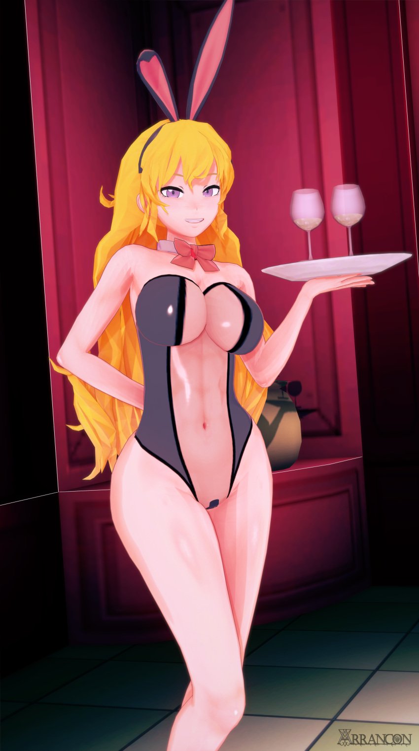 1girls arrancon blonde_female blonde_hair bunny_ears bunnysuit fake_rabbit_ears leotard long_hair long_hair_female purple_eyes rwby see-through_clothing transparent_bunnysuit wine wine_glass yang_xiao_long