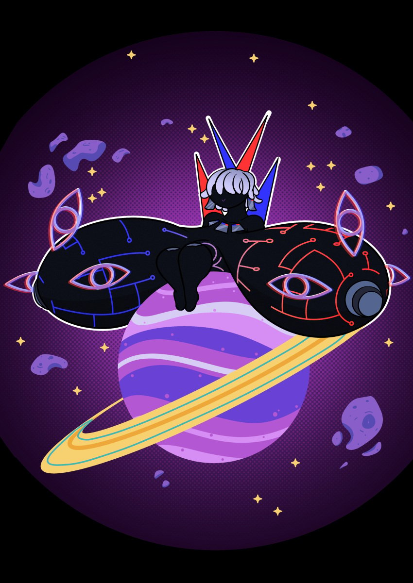 2023 aircraft asteroid astronomical_hyper back_spikes big_breasts black_skin blimp bloons_td_6 bloons_tower_defense chuby dark_skin digital_drawing_(artwork) eyeless_face eyes female female_only large_breasts living_aircraft metal_nipples mrmadmoai_(artist) ninja_kiwi orb phayze pink_eyes planet red_and_blue ring_system shortstack simple_background sitting_on_planet smirk solo space stars technology white_hair