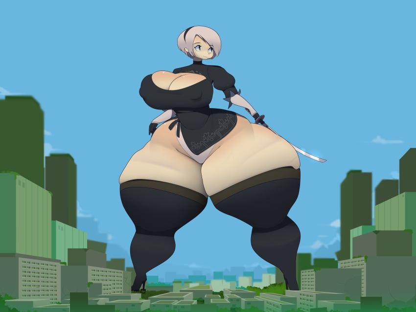 big_breasts bottom_heavy commoddity giantess heels nier:_automata nipples_visible_through_clothing thick_thighs thighhighs thighs yorha_2b