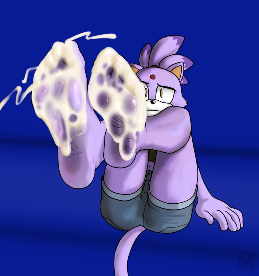 5_toes anthro barefoot blaze_the_cat bodily_fluids cum cum_on_feet feet female foot_fetish foot_focus genital_fluids hi_res humanoid_feet looking_at_viewer mrguy820 plantigrade sega soles solo sonic_(series) sonic_the_hedgehog_(series) toes