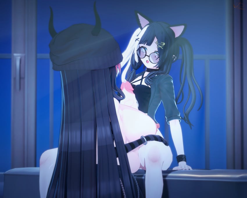 1futa 1girls 3d asari(prinmei) black_hair black_topwear female futanari horns huge_breasts koikatsu original original_characters paizuri partially_clothed partially_clothed_female prinmei round_glasses ruby_ypsilanti_(rubypsilanti) tinted_eyewear titjob white_hair wolf_ears wolf_girl