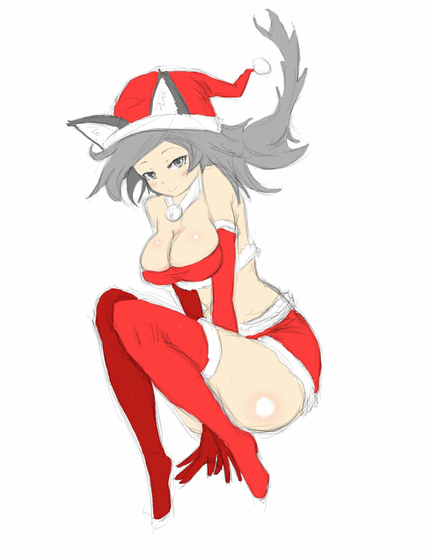 ass bell big_breasts bikini blush catgirl collar covering_crotch fat_ass fat_thighs grey_hair lingerie long_hair santa_costume santa_hat seductive sketch smiling_at_viewer the_battle_cats thighhighs uesugi_kenshin