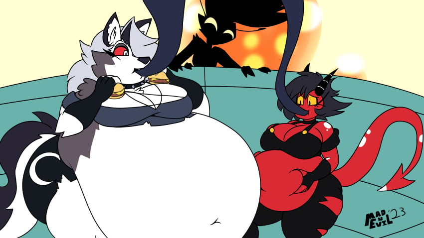 force_feeding fur hellhound helluva_boss loona_(helluva_boss) mad_n_evil millie_(helluva_boss) obese queen_bee-lzebub_(helluva_boss) tagme