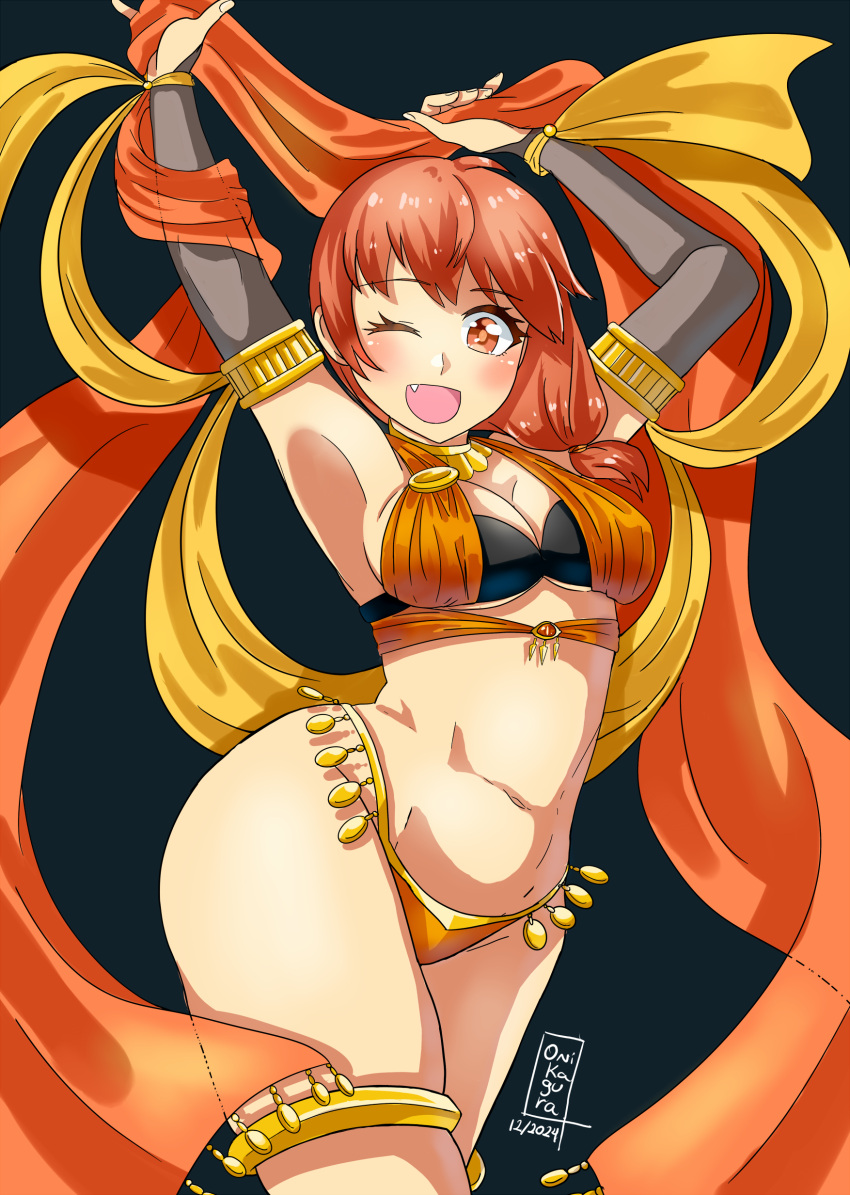 1girls ;d alternate_costume armpits arms_up bare_thighs breasts cleavage dancer dancing fang female female_only fire_emblem fire_emblem:_three_houses leonie_pinelli looking_at_viewer medium_breasts nintendo onikagura_(artist) open_mouth orange_eyes orange_hair orange_panties panties short_hair side_ponytail skindentation smile solo thighs underboob underwear veil