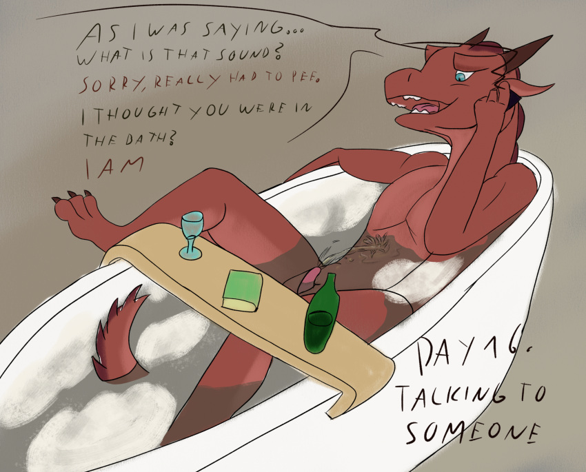 anthro bathing bathtub blue_eyes board bodily_fluids book claws clear_urine container cup dialogue dragon drinking_glass genital_fluids genitals glass glass_container glass_cup hi_res male peeing peeing_on_self penis scratching_head simple_background solo urine urine_stream valrionwrites watersports wine_bottle wine_glass