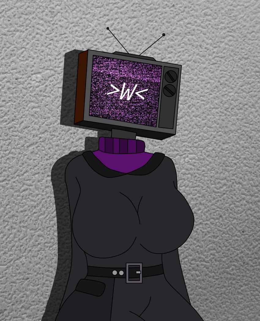 >w< antennae black_clothing breasts purple_clothing tv_face tv_head tv_woman_(skibidi_toilet) tvwoman_(skibidi_toilet)