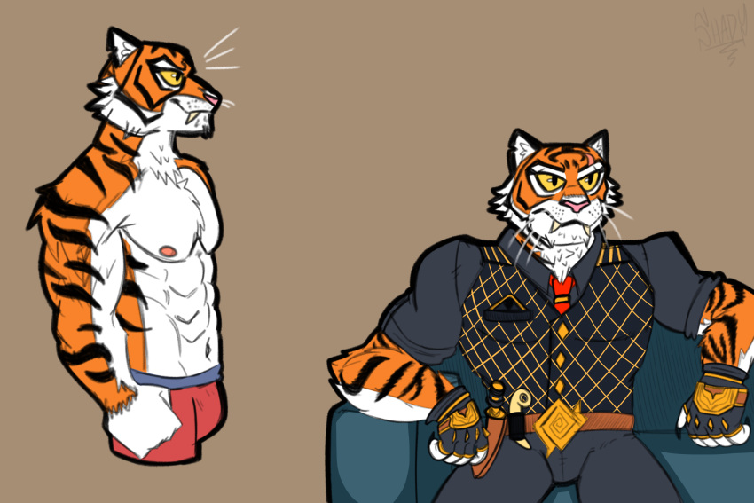 anthro boxers_(clothing) bulge carnivore clothing epic_games felid feline fortnite hi_res male male_only mammal oscar_(fortnite) pantherine shadydaone solo solo_male tiger underwear