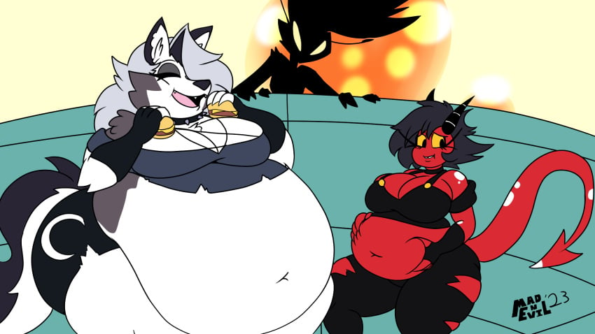 1girl 1girls belly belly_bulge belly_button burger duo duo_female duo_focus exposed_fat_belly fat female_focus female_only fur hellhound helluva_boss loona_(helluva_boss) mad_n_evil massive_belly millie_(helluva_boss) obese_female overweight overweight_female queen_bee-lzebub_(helluva_boss) tagme