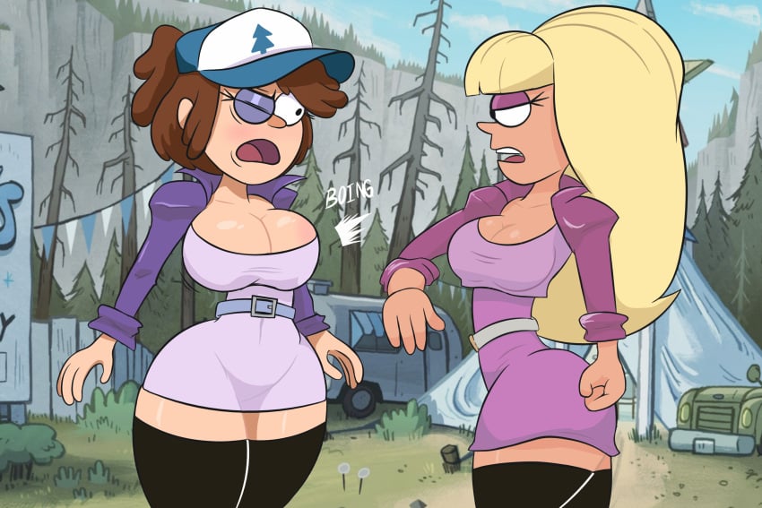 2girls artstyle_imitation ass bangs big_breasts bimbo bimbofication blonde_hair breast_slap breasts brown_hair busty cleavage clothed clothing dipper_pines disney disney_channel duo eyeshadow female female_dipper fully_clothed gearfou genderswap_(mtf) gravity_falls hoop_earrings human light-skinned_female light_skin lipstick long_hair makeup mostly_nude multiple_girls pacifica_northwest pale_skin pine_tree_(symbol) rule_63 smooth_skin standing tagme thick_thighs thighhighs voluptuous wide_hips